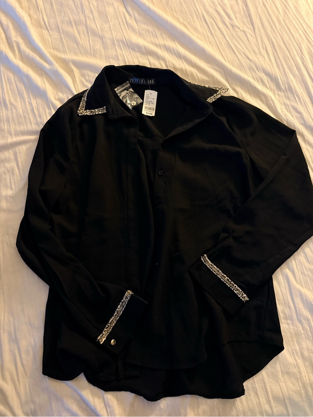 Potter's Pot Black Button-Up Blouse with Beaded Collar